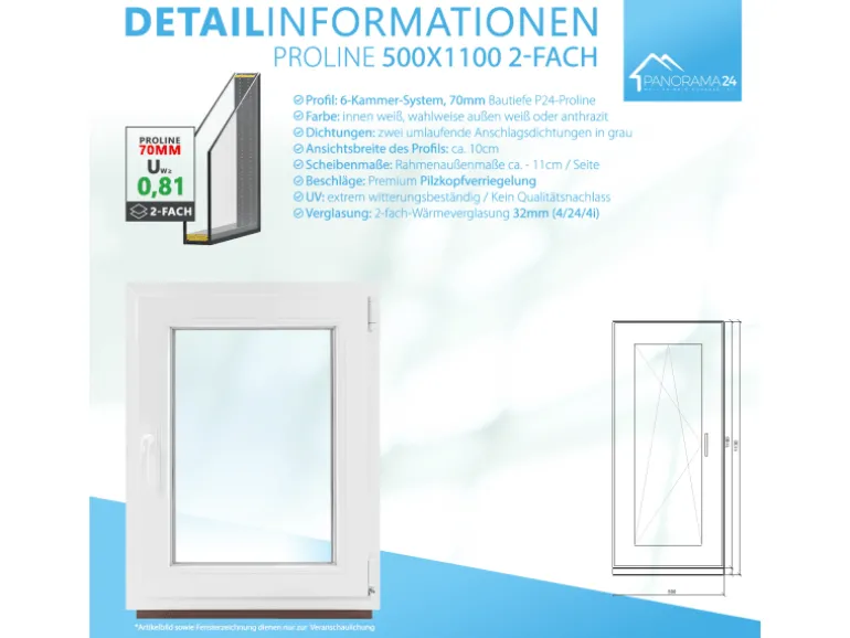 Framelux Kunststofffenster Proline Anthrazit 2-Fach Verglasung 500 x 1100 mm Rechtsanschlag