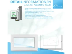 Framelux Kunststofffenster Slimline Weiß 3-Fach Verglasung 700 x 450 mm Rechtsanschlag