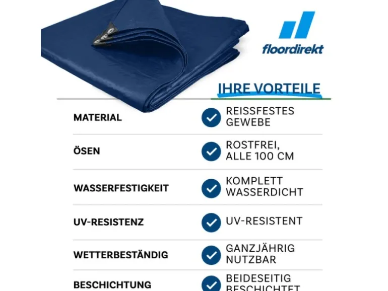 Karat Abdeckplane Wasserdichte Plane mit Ösen Schutzplane 140 g/m² 10 x 15 m Blau