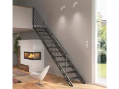 Treppen Intercon Raumspartreppe Onyx Stahlwangentreppe Lava-Anthrazit mit Stufenbreite 70 cm Buche Anthrazit Einseitiges Geländer 12 Stufen