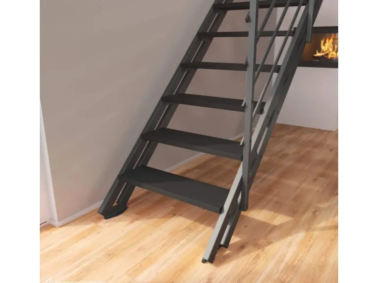 Treppen Intercon Raumspartreppe Onyx Stahlwangentreppe Lava-Anthrazit mit Stufenbreite 70 cm Buche Anthrazit Beidseitiges Geländer 12 Stufen