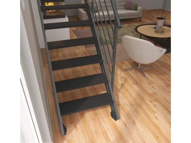 Treppen Intercon Raumspartreppe Onyx Stahlwangentreppe Lava-Anthrazit mit Stufenbreite 70 cm Buche Anthrazit Beidseitiges Geländer 12 Stufen