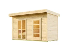 Weka Saunahaus Farsund Vorraum bodentiefem Fenster Technik 9 kW BioS Natur